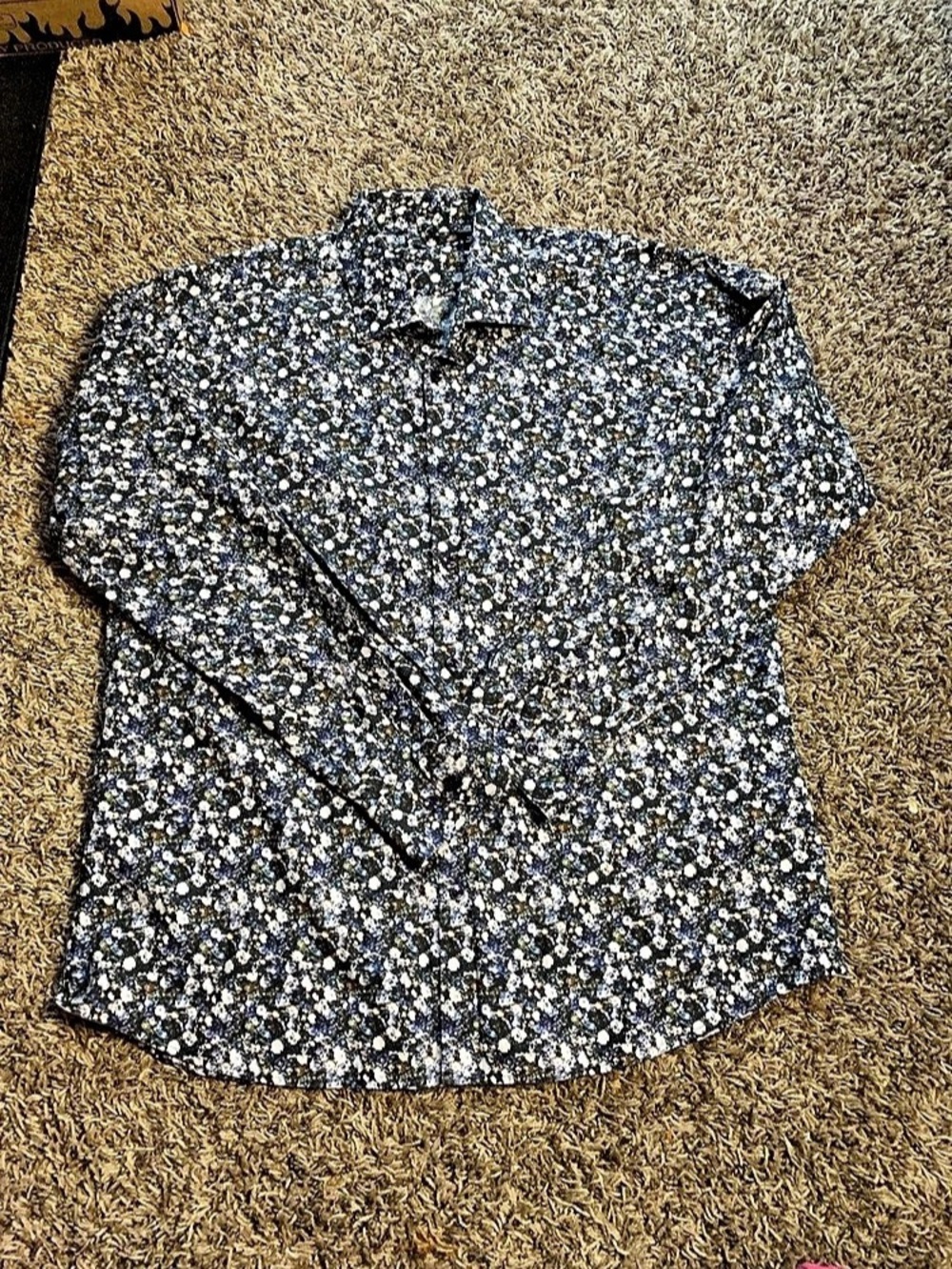 JARED LANG Men's XL Blue White Floral Rose Print Luxury Cotton Dress Shirt